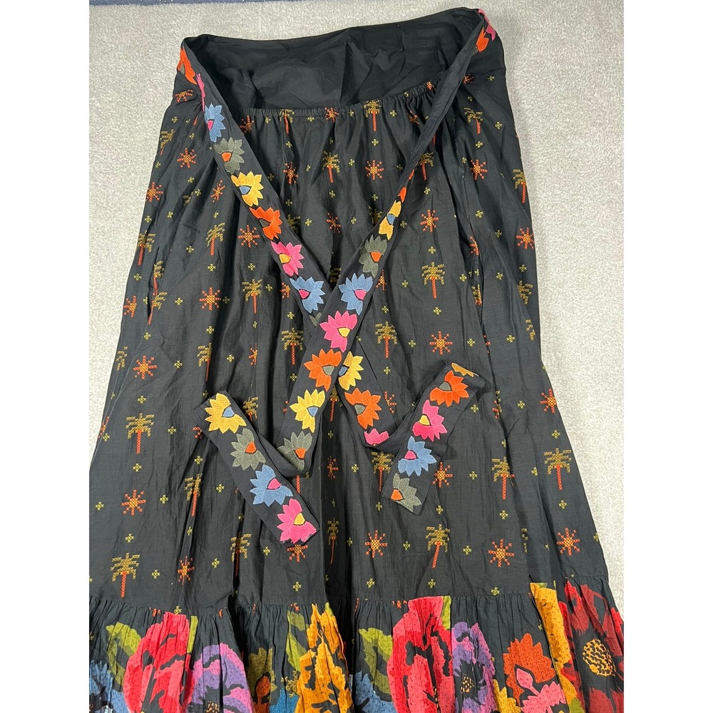 Farm Rio Anthropologie Dress 1X Black Embroidered Strapless Maxi Tie Back Boho - Picture 12 of 16